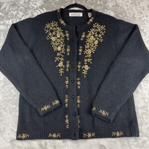 Karen Scott Silk Angora Cardigan Sweater Womens L Black Gold Bead Holiday (1052)